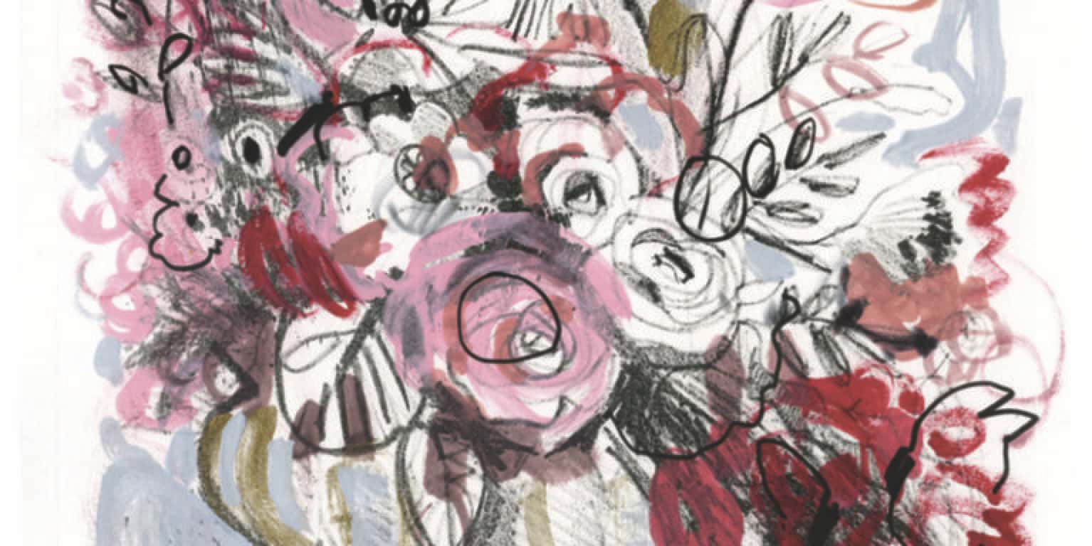 A macro detail of an expressive floral lithograph. Thick, gestural strokes of pink, red, and slate blue gouache overlap energetic charcoal-like ink scribbles and outlines of roses and leaves, creating a sense of movement and texture.