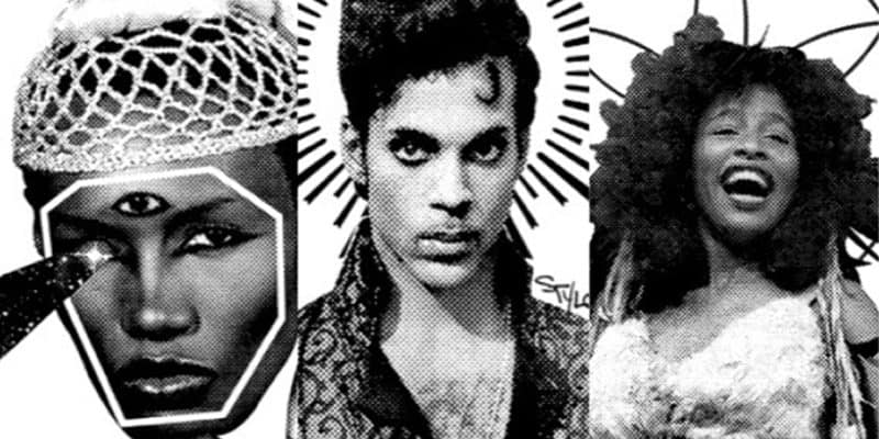 A high-contrast black-and-white digital collage featuring close-up portraits of three iconic figures. From left to right: an individual with a geometric mask and a third eye, the artist Prince with a radiating halo, and an individual with voluminous hair in a joyful, laughing pose.