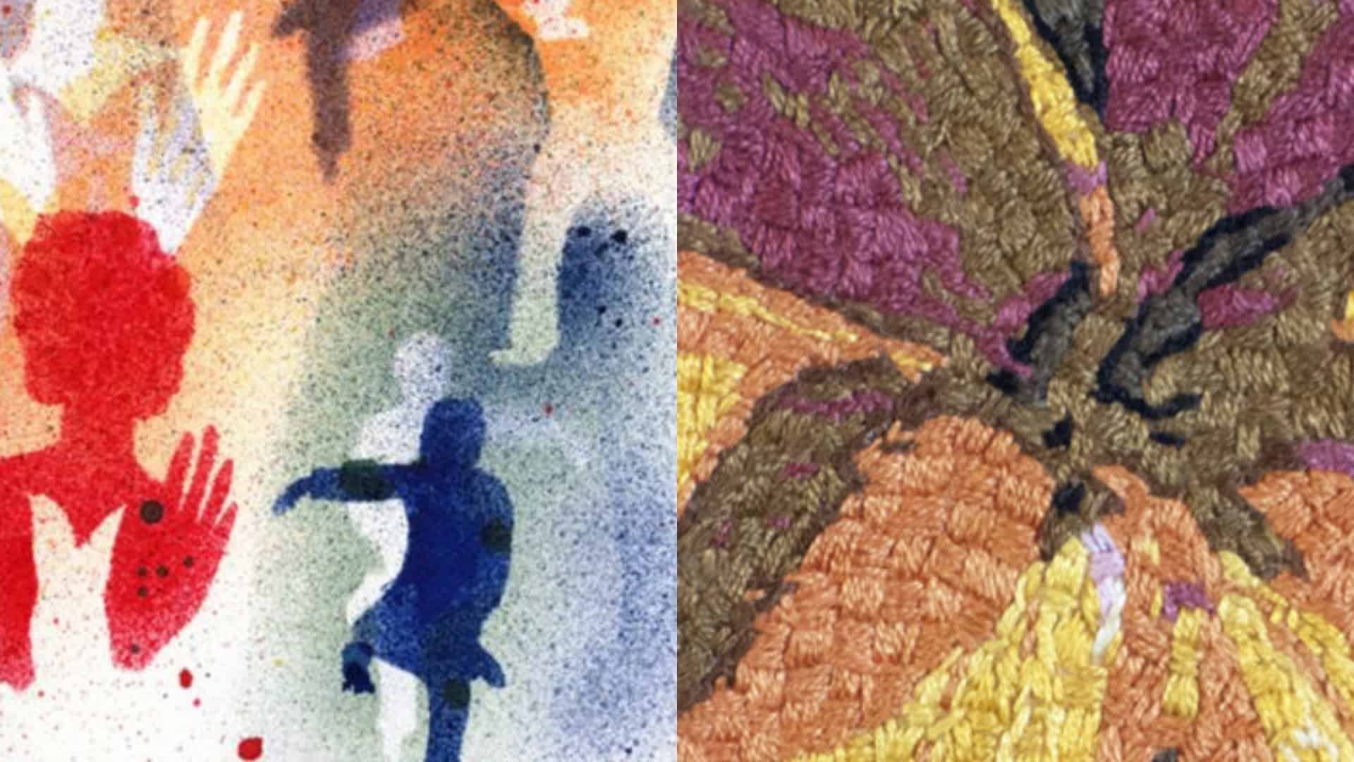 A split-frame macro shot showing artistic textures. The left side features a splattered stencil of human figures in blue and red. The right side is a extreme close-up of dense, rhythmic embroidery in earth tones, violet, and gold.