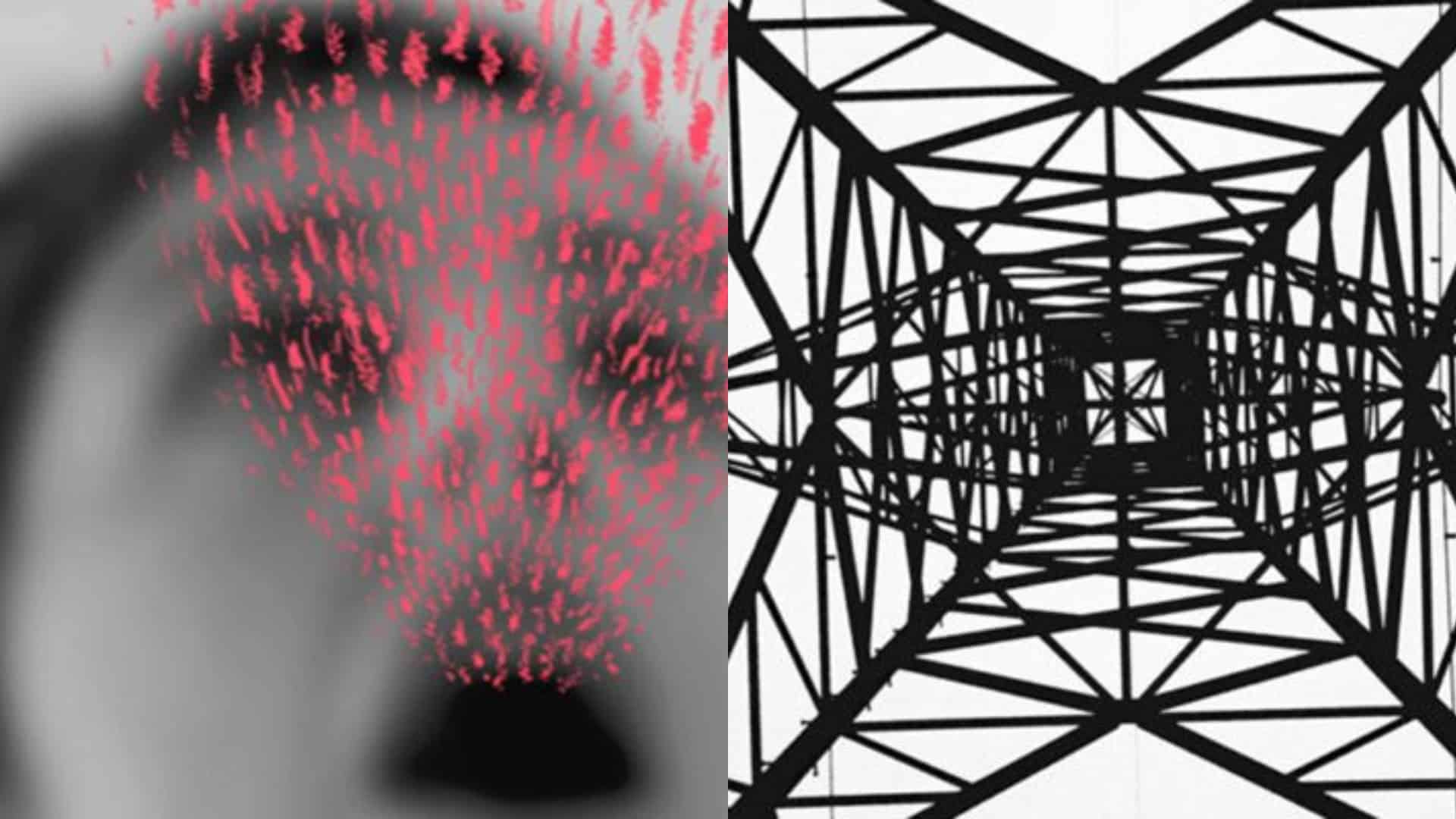 A split-frame digital work. On the left, a blurred, monochromatic human face is overlaid with vibrant, red, seed-like digital particles. On the right, a high-contrast black-and-white photograph shows a symmetrical, worm's-eye view of a metal hydro tower.