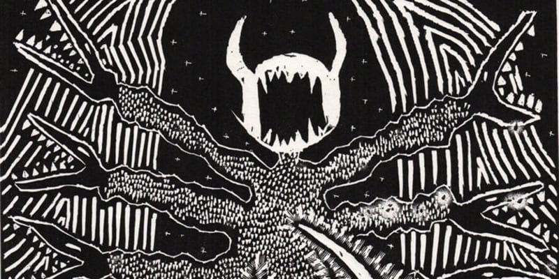 A high-contrast, black-and-white close-up of a monstrous, winged creature from an engraving. The figure has a large, gaping mouth filled with sharp teeth and long, branch-like arms extending outward. The background is filled with dense, rhythmic white lines on a black field.