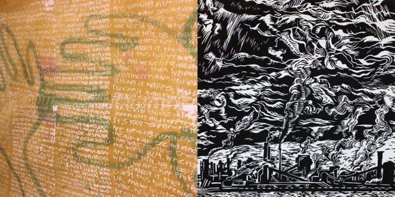 A split-screen detail shot. The left side shows a textured yellow background covered in layers of handwritten script and a green gestural outline of a hand. The right side is a high-contrast black-and-white lino-cut depicting industrial smoke billowing over a city.