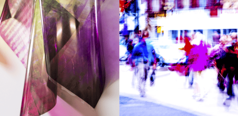 A split-frame graphic. The left shows a translucent purple and grey film installation by Natalie Hunter, draped in sharp geometric folds. The right side is a vibrant long-exposure photograph by Neil Frederick Sharpe, depicting blurred people in shades of electric blue and hot pink on a city street.