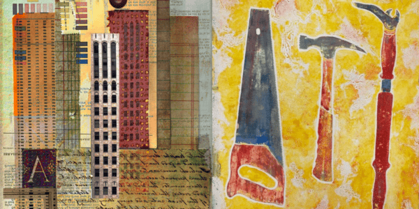 A split-frame image showing the contrast between the two artists. The left side is a complex digital collage of architectural plans and tall building facades. The right side is a vibrant yellow collagraph print featuring silhouettes of a saw, hammer, and pry bar in earthy red tones.