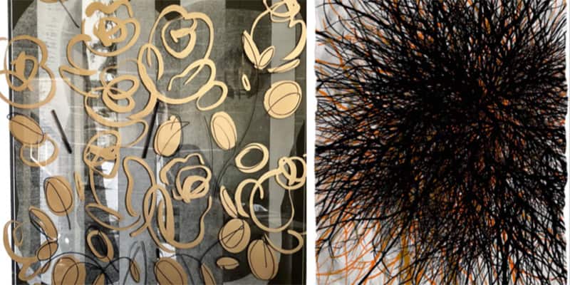 A split-frame image. The left shows Elissa Barber’s work: gold minimalist roses drawn over black and white vertical stripes. The right shows Rasham Ilyas’s work: a dense, explosive mass of fine black and orange lines.