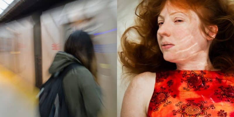A split-frame graphic. The left side is a motion-blurred shot of a person in a subway station. The right side is a close-up of a person with red hair floating underwater, their face illuminated by light ripples.