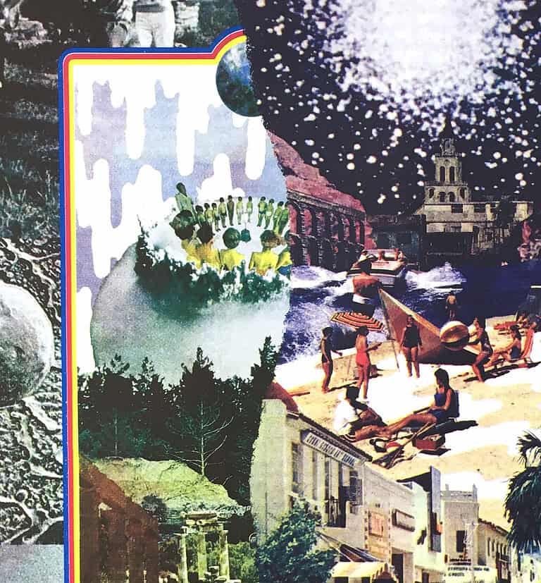 A digital collage with a torn-edge aesthetic. The left side features a circle of yellow-clad figures atop a globe against a forest backdrop. The right side shows a crowded beach scene under a starry night sky with a large, glowing celestial body.