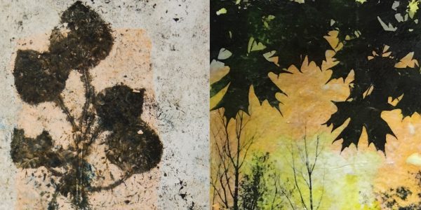 A split-frame graphic. The left shows a textured print of dried, pressed botanicals in dark earth tones. The right side features a vibrant painting of maple leaves silhouetted against a warm, yellow and orange sunset background.