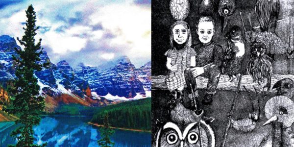 A split-frame image. The left is a vibrant photograph of snow-capped mountains reflected in a turquoise alpine lake. The right is a whimsical black-and-white ink drawing of two children sitting on a log surrounded by strange, stylized birds and owls.