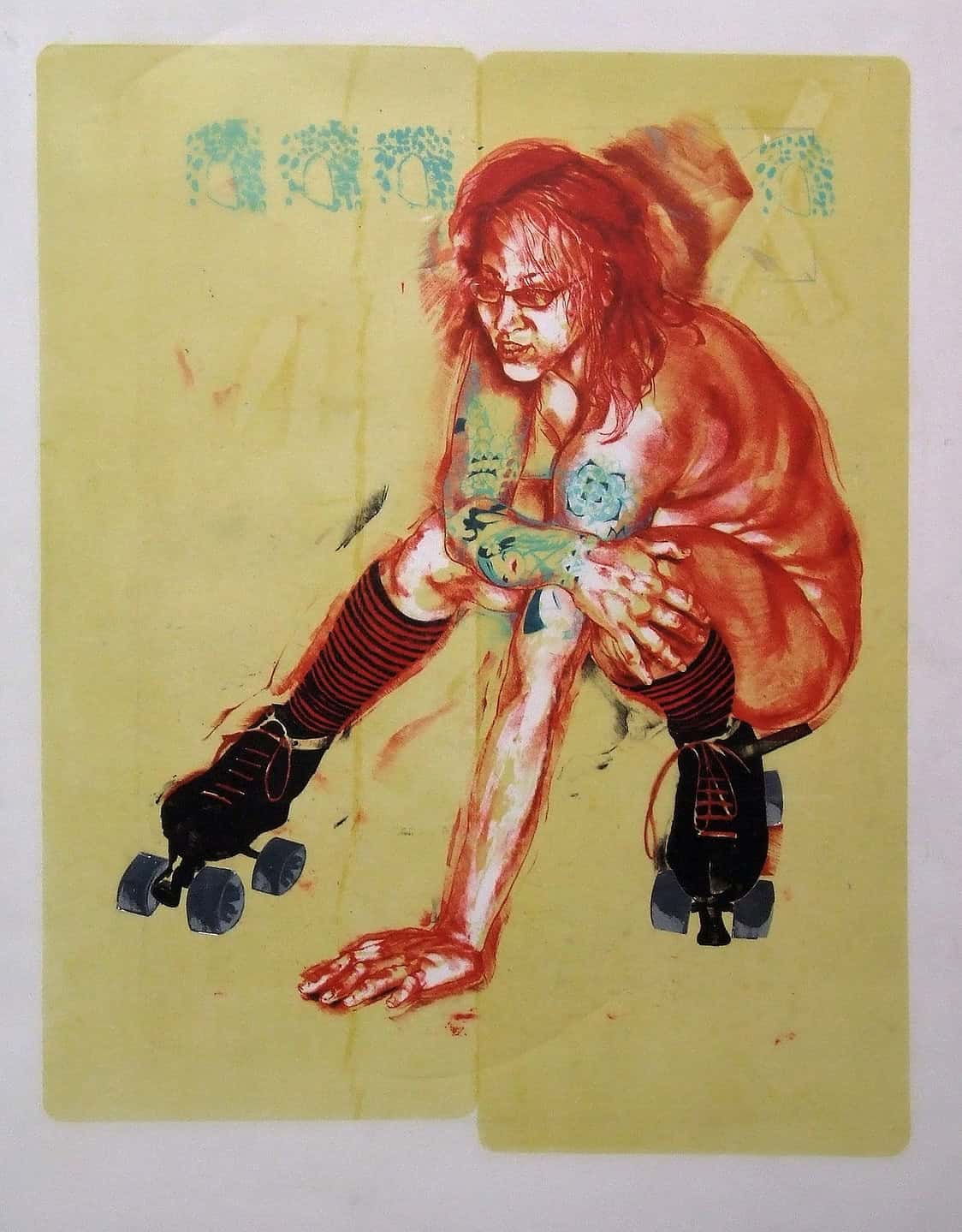 A print on yellow-tinted paper depicting a "Derby Girl" in a crouched, athletic pose. The figure has bright red hair, tattoos, and striped socks, wearing black roller skates. The style uses expressive red and blue line work over a faded, translucent background.