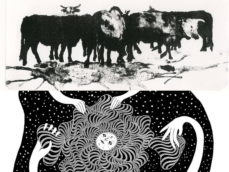 A split-frame monochromatic graphic. The top features a high-contrast print of cattle standing in a group with textured paint splatters at their feet. The bottom is an intricate line drawing of a person with swirling, patterned hair surrounded by reaching hands and a starry night sky.