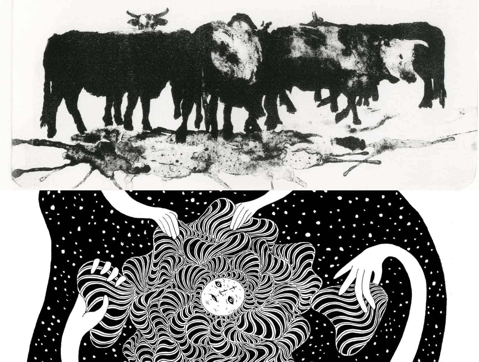 A split-frame monochromatic graphic. The top features a high-contrast print of cattle standing in a group with textured paint splatters at their feet. The bottom is an intricate line drawing of a person with swirling, patterned hair surrounded by reaching hands and a starry night sky.