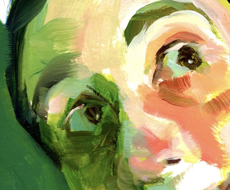 Close-up painted face in green and peach tones with loose, layered brushstrokes