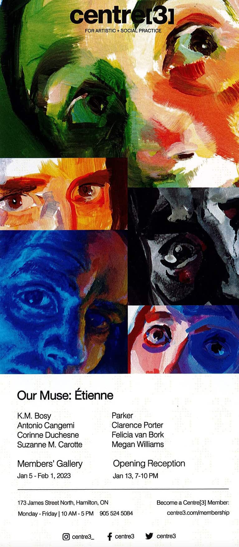 Colourful exhibition poster featuring painted close-ups of eyes and faces, with text for “Our Muse: Étienne” and participating artists