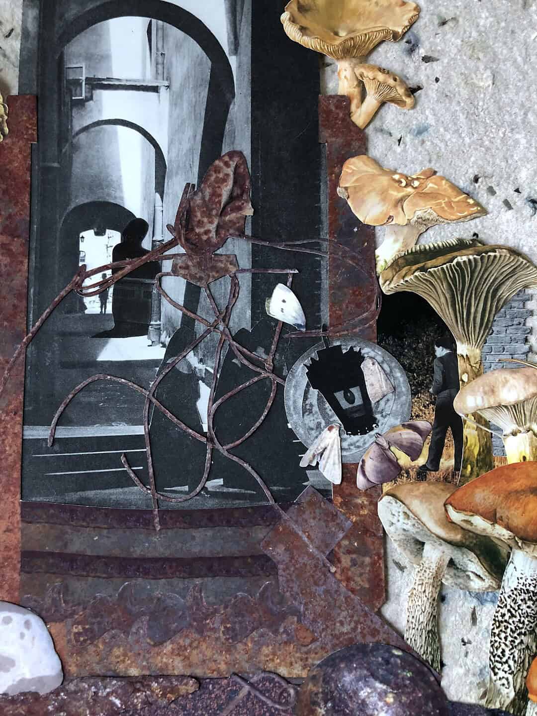 Mixed-media artwork with a wire figure inside an arched architectural space, surrounded by mushrooms, insects, and collage elements
