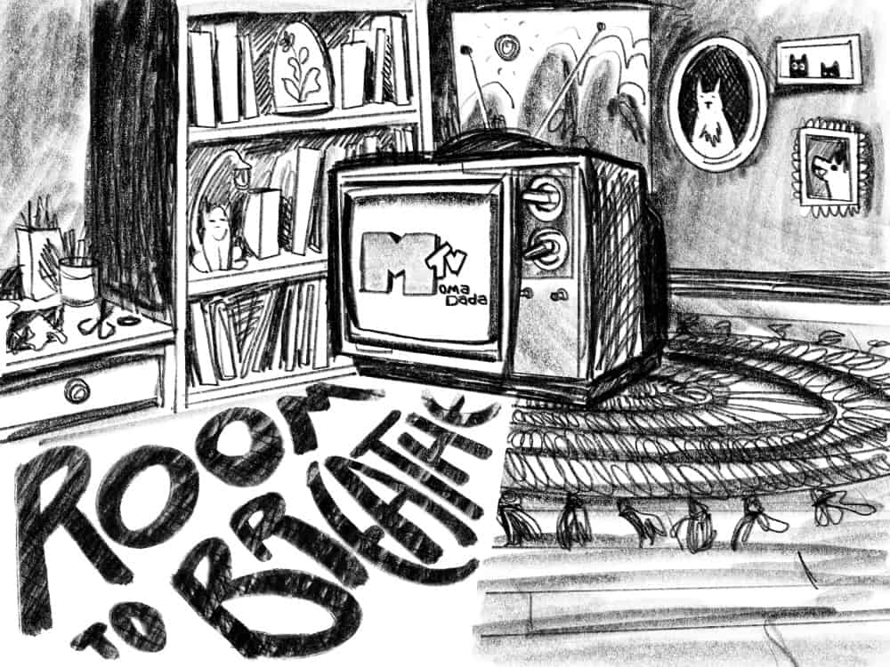 Black-and-white illustration of a cluttered room with a vintage television, bookshelves, and hand-drawn text reading “Room to Breathe”