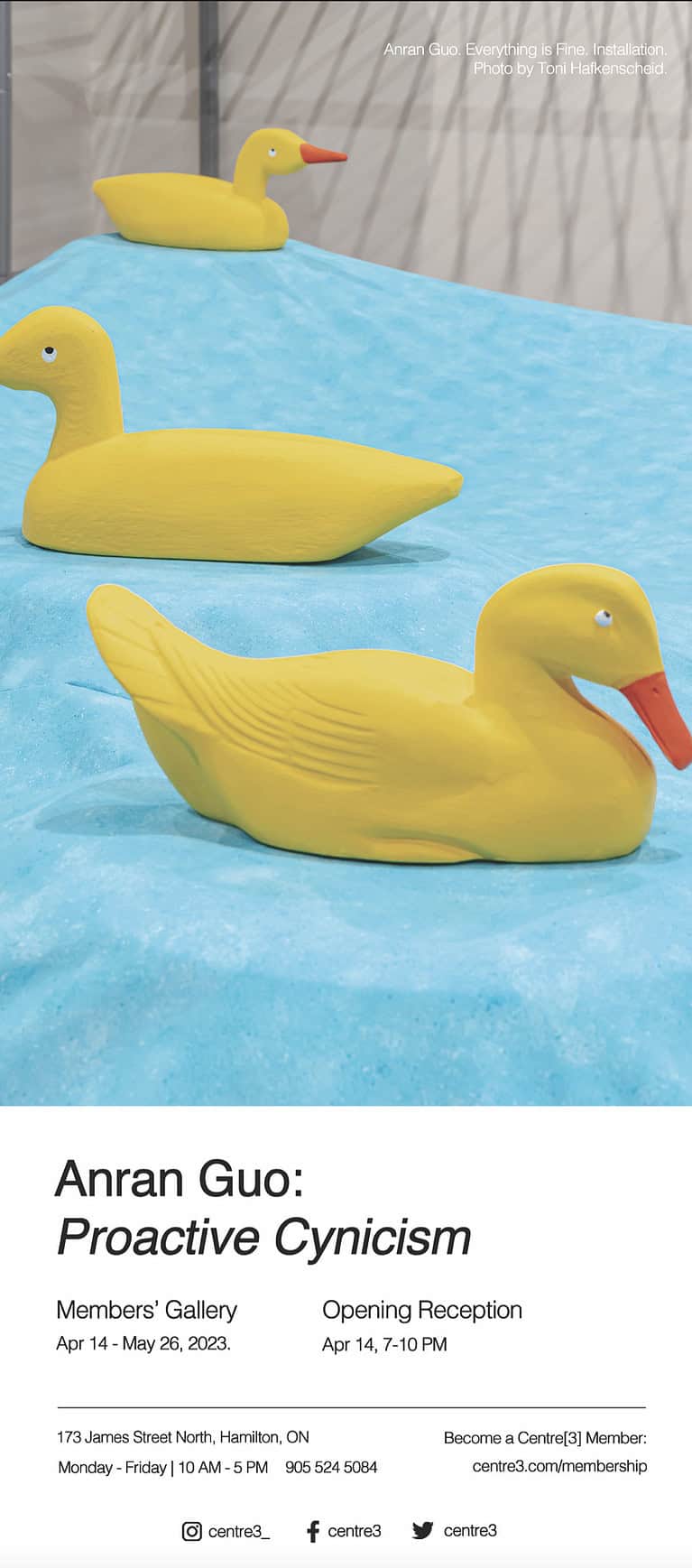Exhibition poster featuring yellow duck sculptures on a blue surface with text announcing “Anran Guo: Proactive Cynicism” and event details