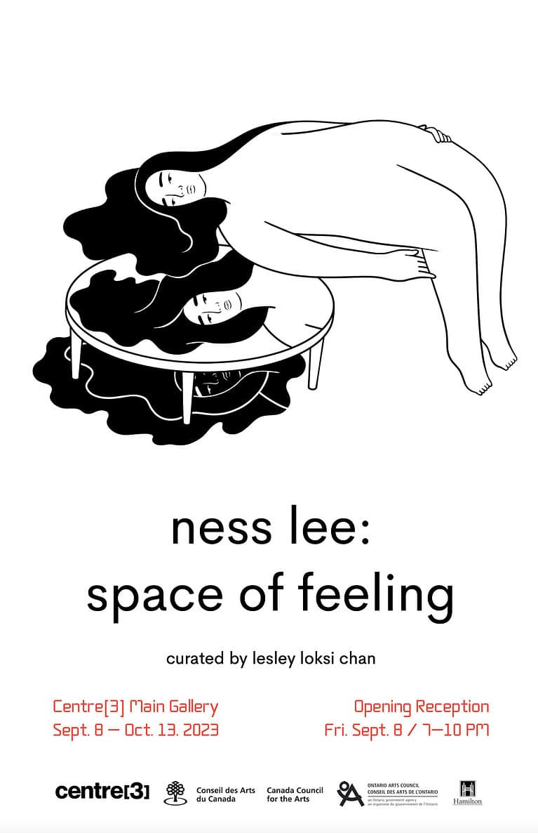Black and white illustrated exhibition poster showing two intertwined figures with text announcing “ness lee: space of feeling” and event details