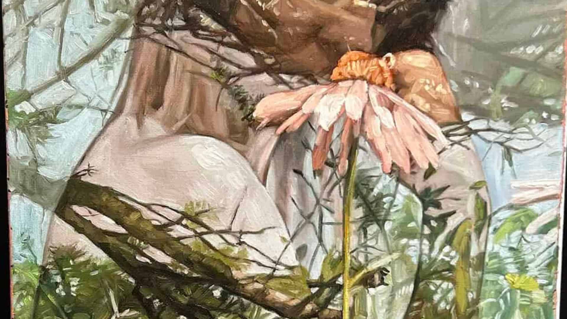 An oil painting with a double-exposure effect, blending a human figure’s back and shoulders with a lush forest scene. A large, pink coneflower bloom is centred over the figure's spine, while dark, mossy branches and green foliage overlap the skin.