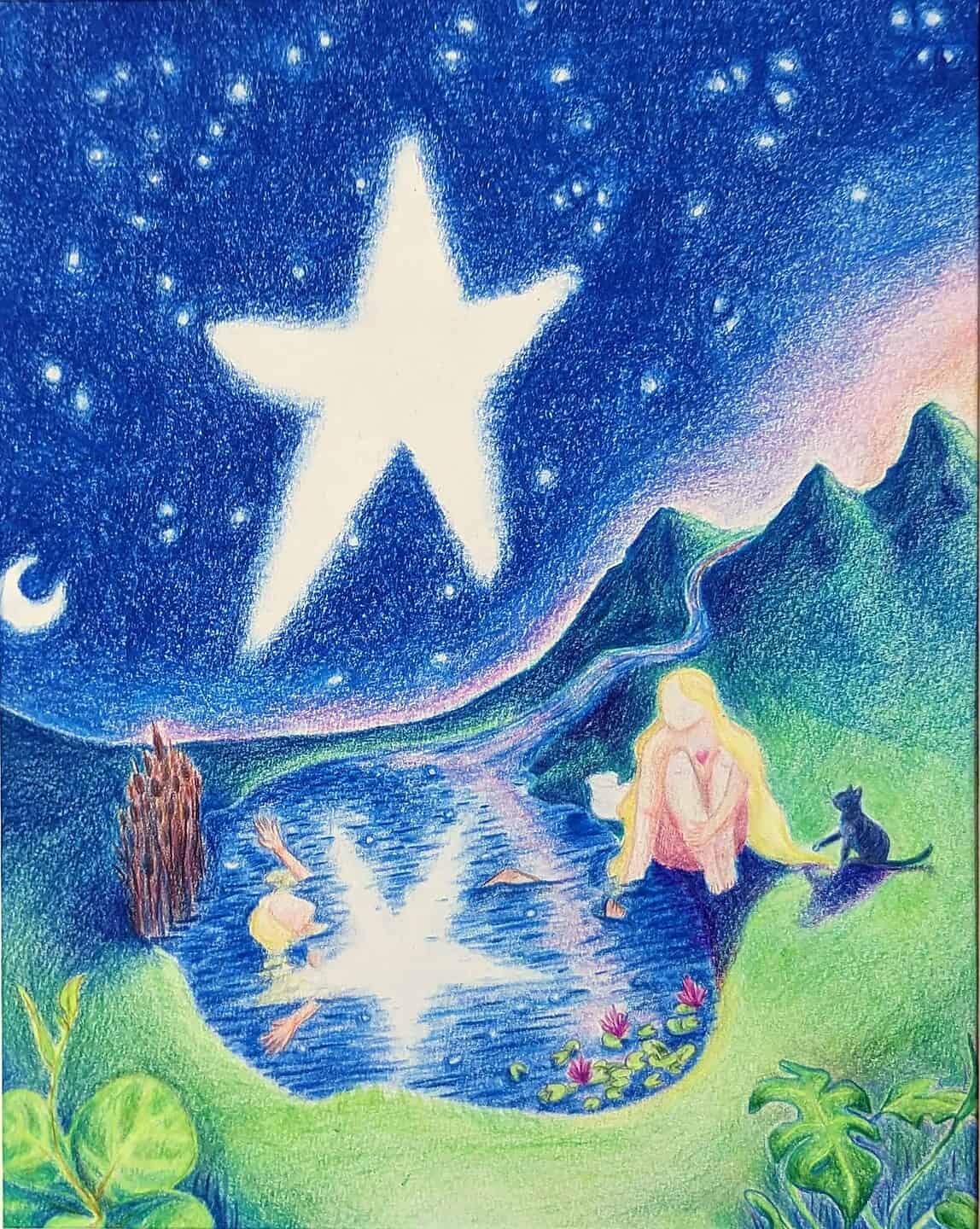 Illustration of a night scene with a large glowing star over mountains and water, with figures by a lakeside and reflections in the water