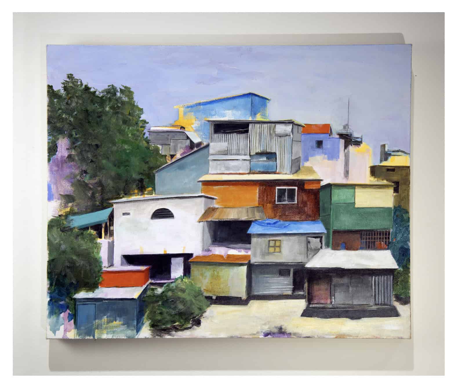 Painting of a cluster of buildings in varied colours and materials, viewed from the front