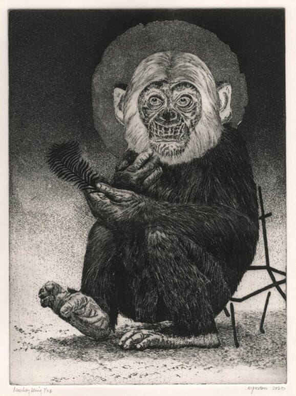 A detailed black and white etched illustration shows a seated chimpanzee holding a feather and looking forward. Behind it, a circular halo-like shape frames its expressive, intricate face.