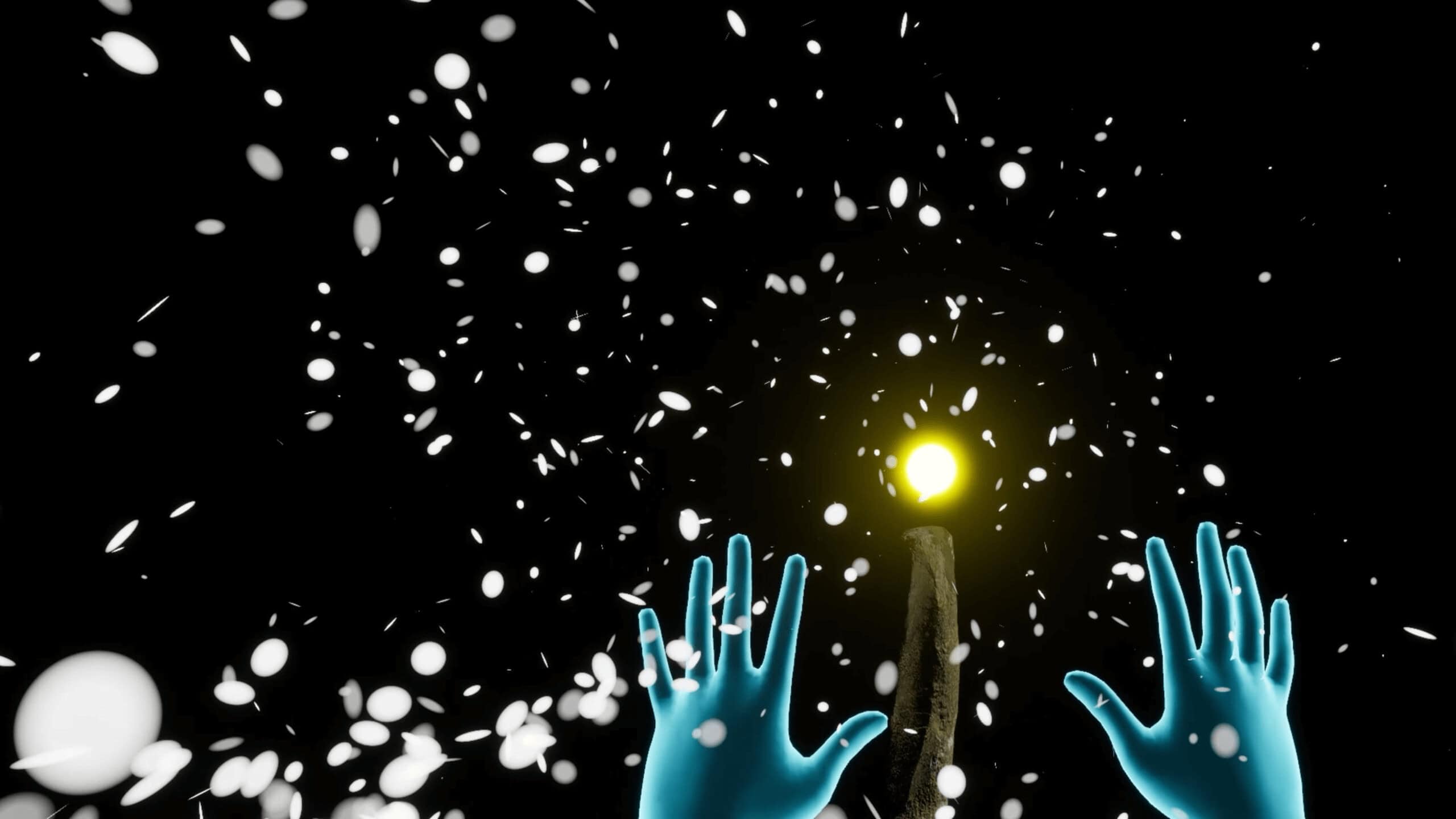 Two blue-glowing hands reach toward a glowing yellow orb atop a stick, surrounded by swirling white particles against a black background, creating a sense of mystical or magical energy.