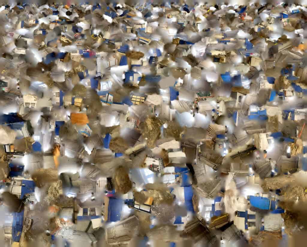 A densely packed digital collage scene with numerous makeshift shelters, mostly blue and white, clustered closely together.