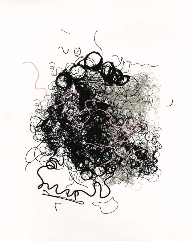 An abstract drawing featuring tangled, overlapping black, grey, and light pink squiggly lines on a white background, creating a chaotic, scribbled cluster in the centre.