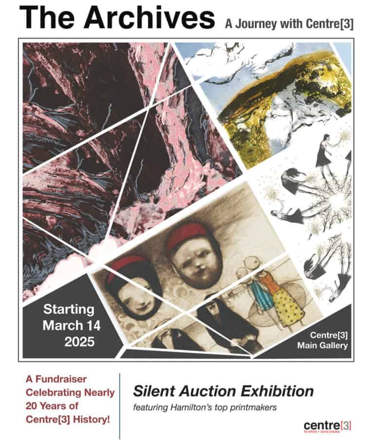 Exhibition poster for “The Archives: A Journey with Centre[3],” featuring abstract and figurative art, with fundraiser and silent auction details included.