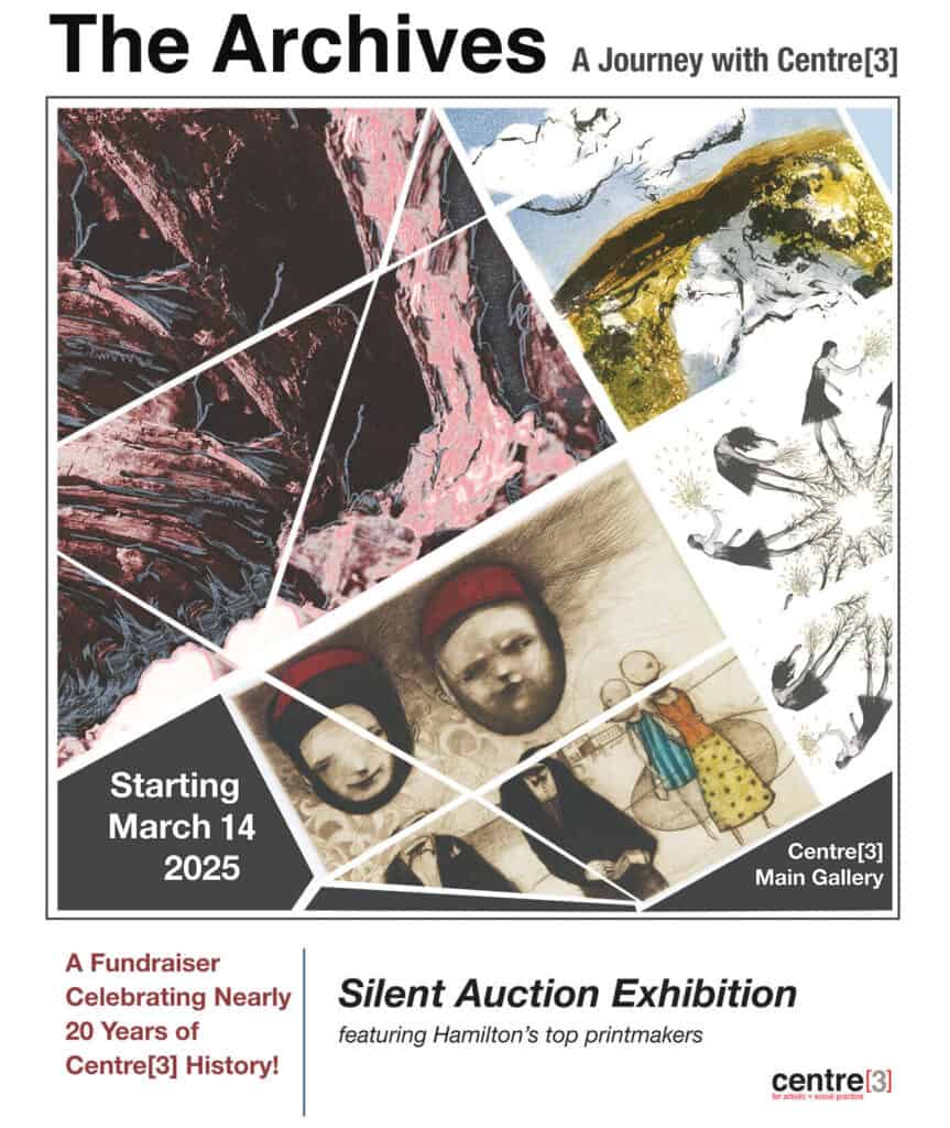 Exhibition poster for “The Archives: A Journey with Centre[3],” featuring abstract and figurative art, with fundraiser and silent auction details included.