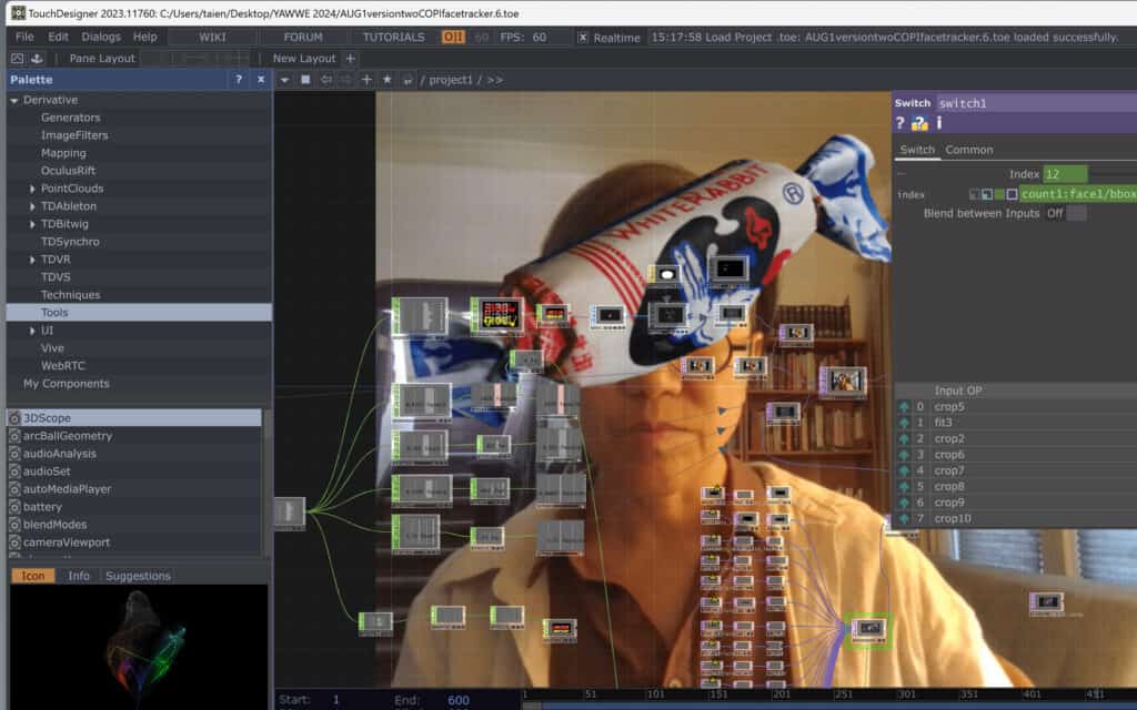 A screenshot of computer software shows a complex node network overlaid on an image of a person wearing an orange shirt with a White Rabbit hard candy overlayed over their face.