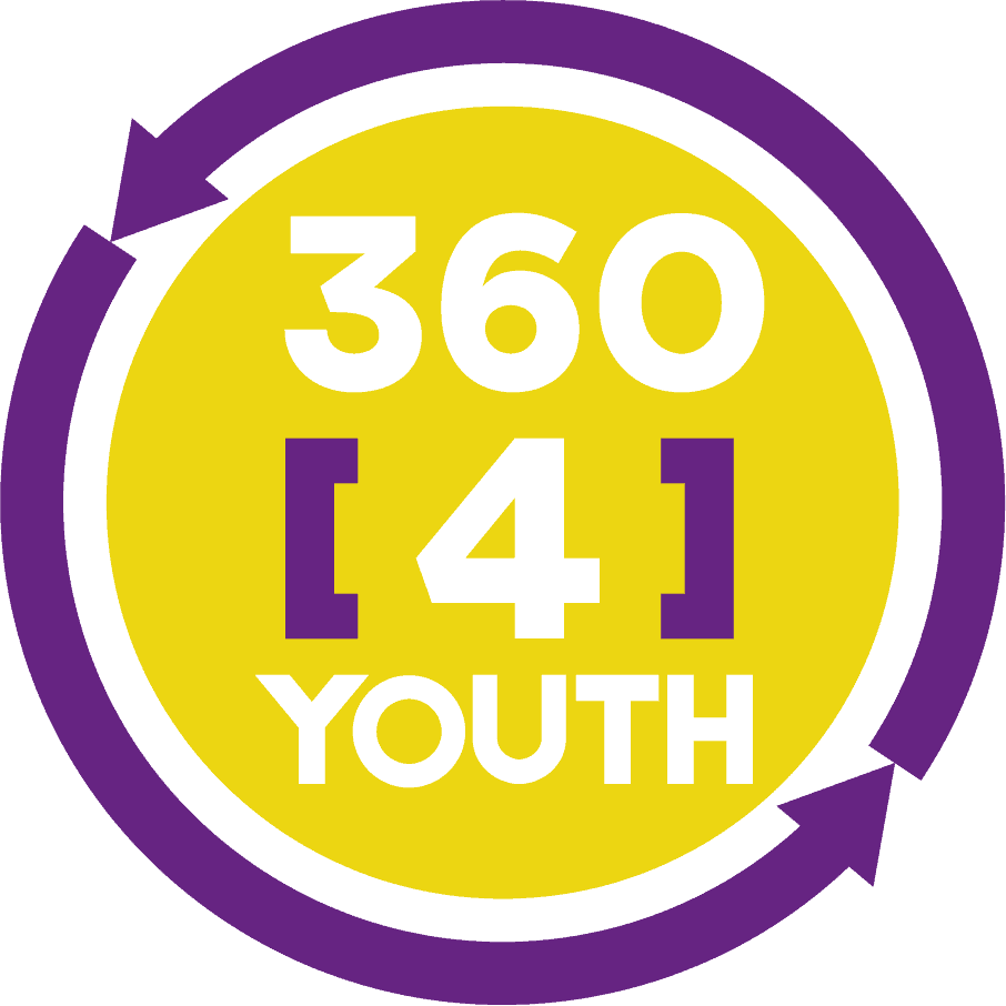 A yellow circle with the text 360 [4] YOUTH in white and purple, surrounded by a purple circular arrow.
