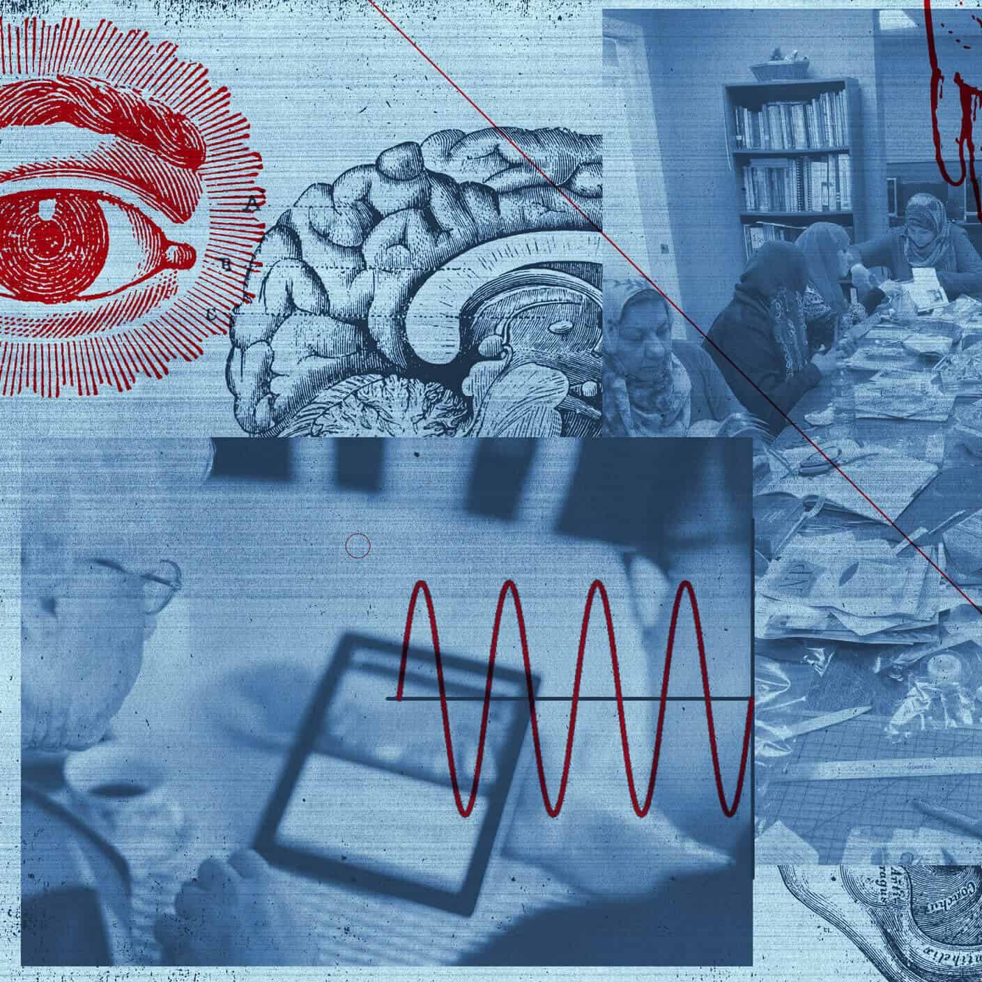 A blue-toned collage featuring a red eye illustration, a human brain, people working at a table, an elderly person using a tablet, and shelves of books.