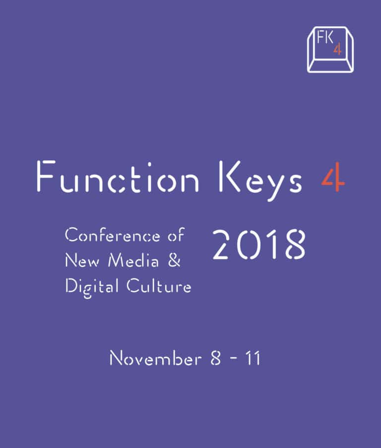 Purple promo graphic with text: Function Keys 4: Conference of New Media & Digital Culture 2018, November 8–11. Top right features a small white outlined computer key illustration with “FK 4” inside.