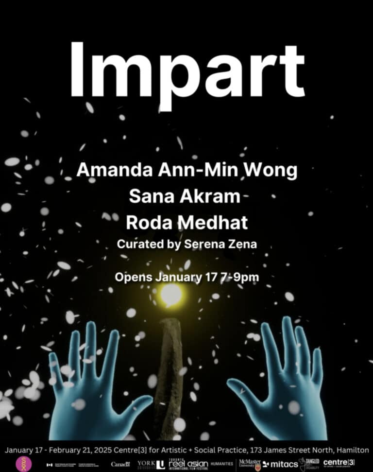 Poster for the Impart exhibition, featuring glowing blue hands reaching toward falling snow and a lit candle. Includes artist names Amanda Ann-Min Wong, Sana Akram, and Roda Medhat, as well as event details.