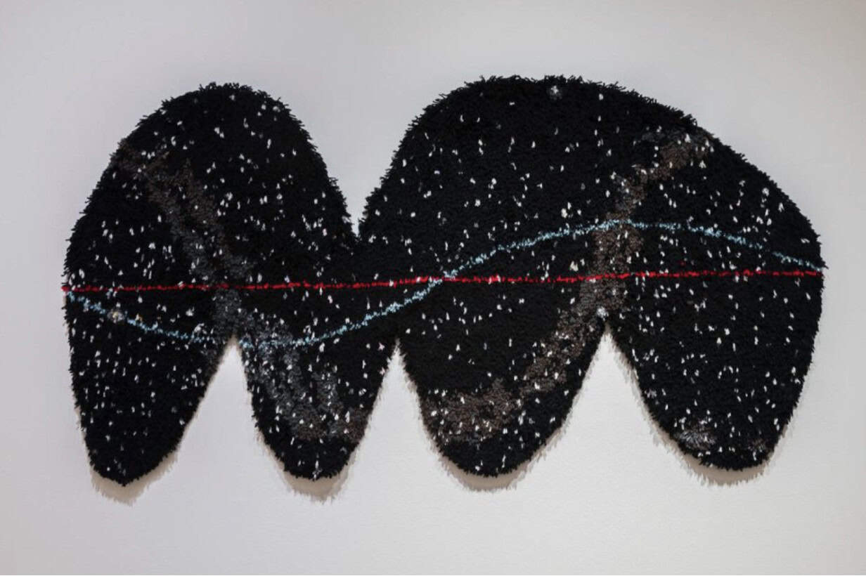 A shaggy, black, cloud-like textile artwork with white speckles features intricate stitching, a wavy blue line, and a straight red line running horizontally across the piece, mounted on a white wall.