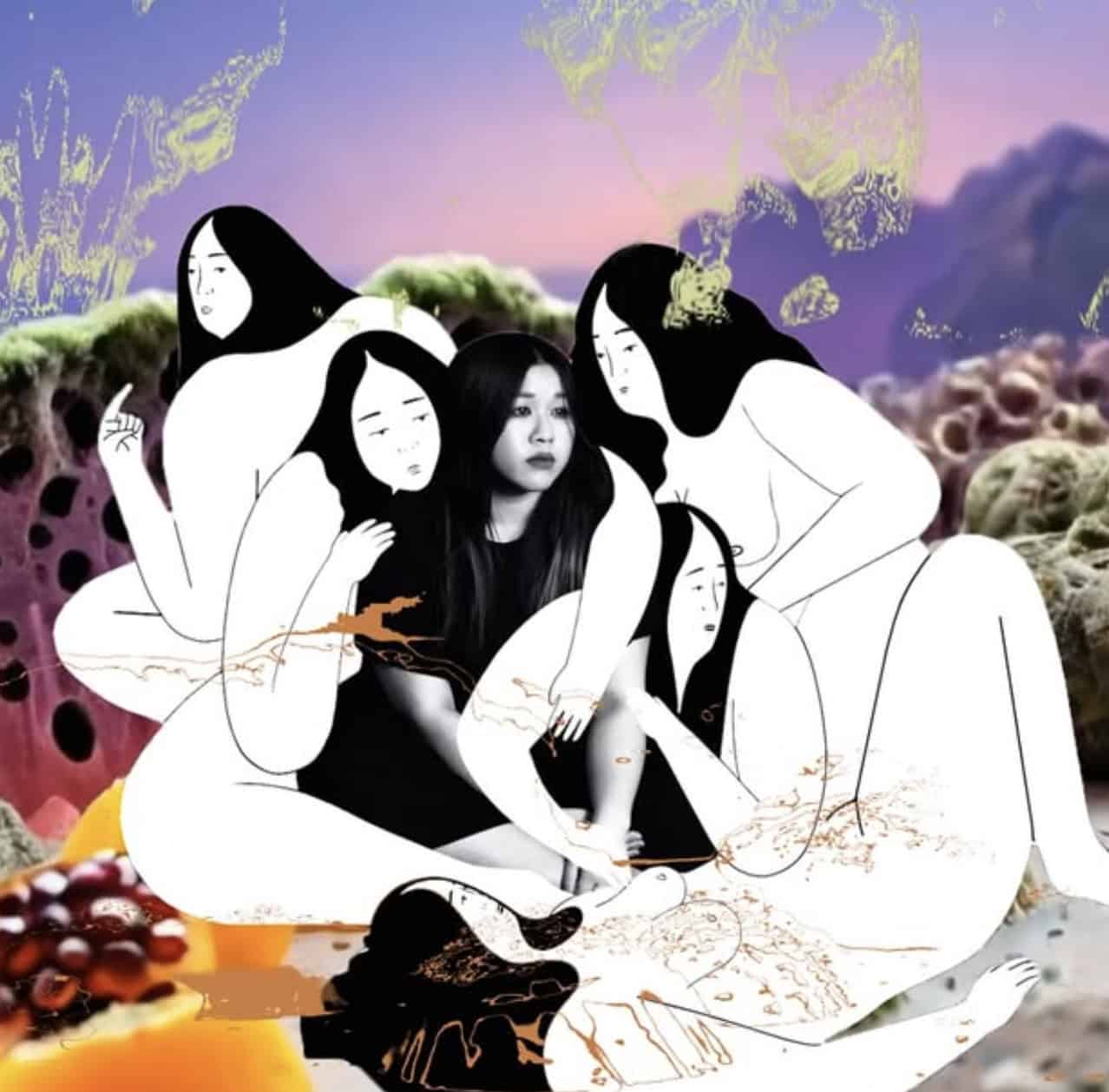 Composite artwork of a photographic portrait of Ness Lee surrounded by illustrated figures, set against a surreal, colourful landscape background
