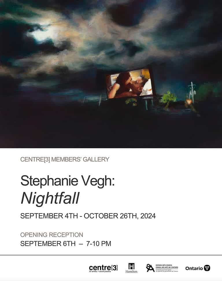 An exhibition poster with a moody oil painting showing a dark, cloudy sky over a rural scene with a lit-up drive-in movie screen displaying a couple kissing. Text below highlights Stephanie Vegh’s "Nightfall" exhibition at Centre[3] from September 4–October 26, 2024.