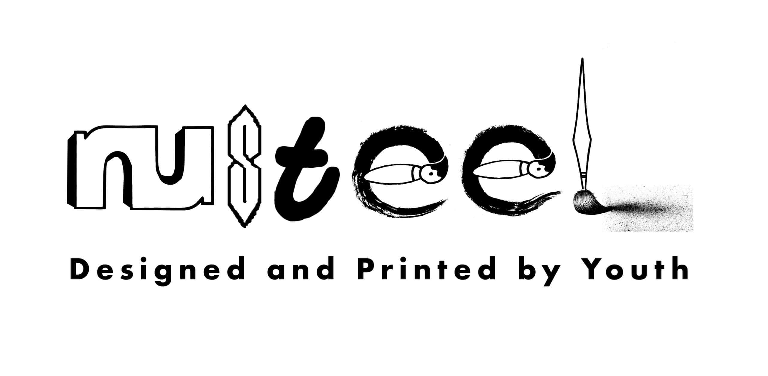 The word NuSteel is spelled out in stylized, artistic fonts with unique designs for each letter. Below, it says Designed and Printed by Youth in a simple, bold font on a white background.