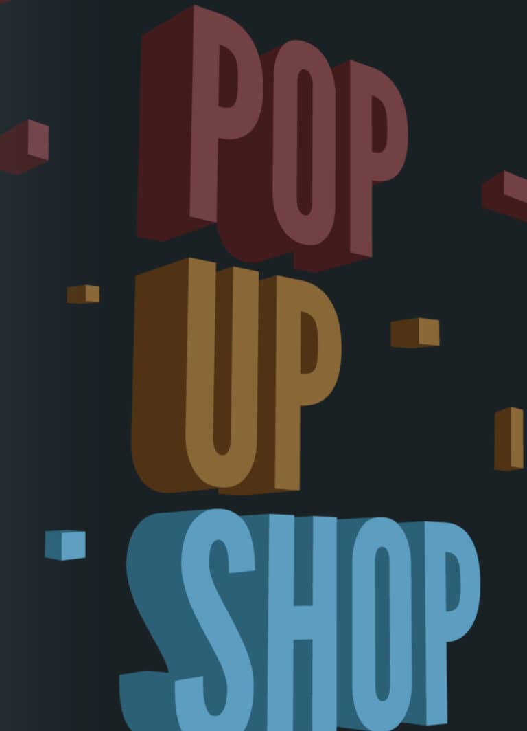 3D block letters in red, yellow, and blue spelling out POP UP SHOP are stacked vertically on a dark background, with small colored blocks floating around the text.