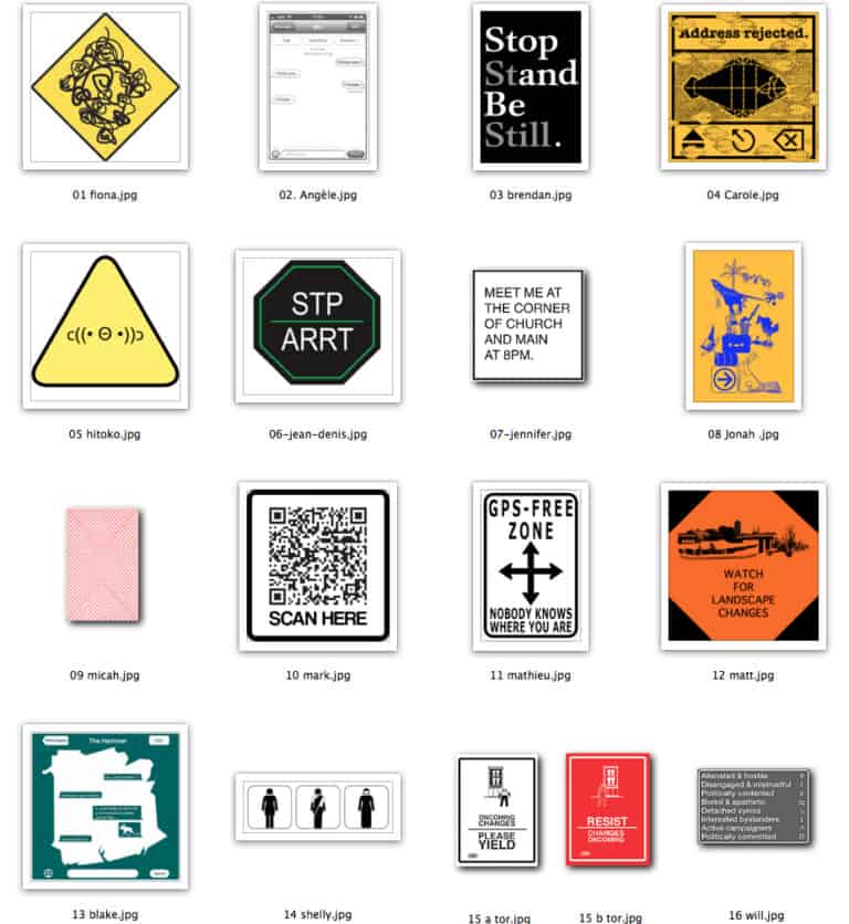 A grid of 16 graphic poster designs part of the Road Sign Project, each displaying unique text, symbols, or illustrations like caution signs, QR codes, and arrows. Arranged in four rows with filenames labeled underneath.