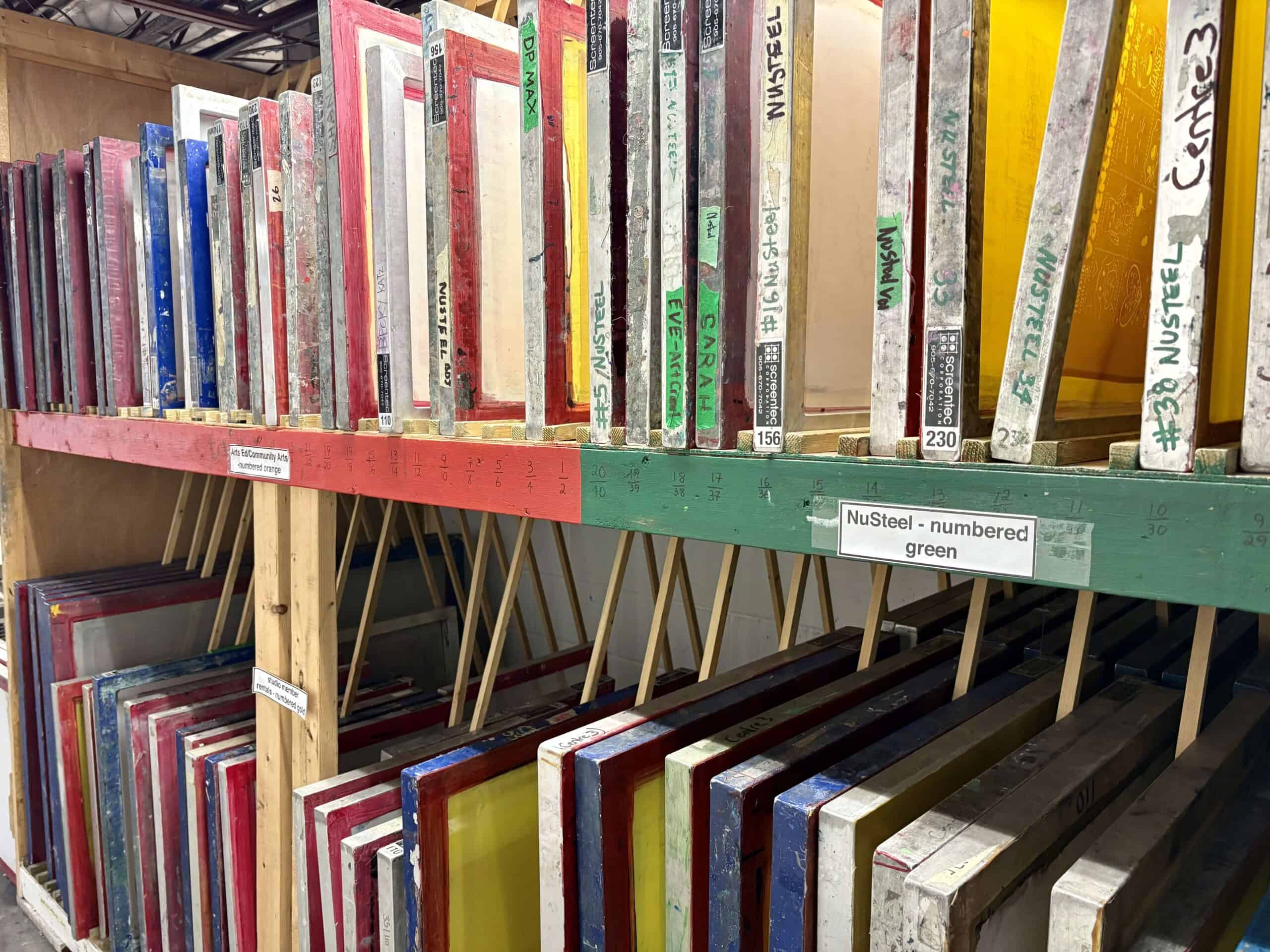 Racks of screens in storage in the Screen Printing Studio.
