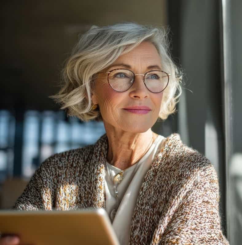 An older person with short grey hair and glasses holds a tablet, gazing thoughtfully out a sunlit window.