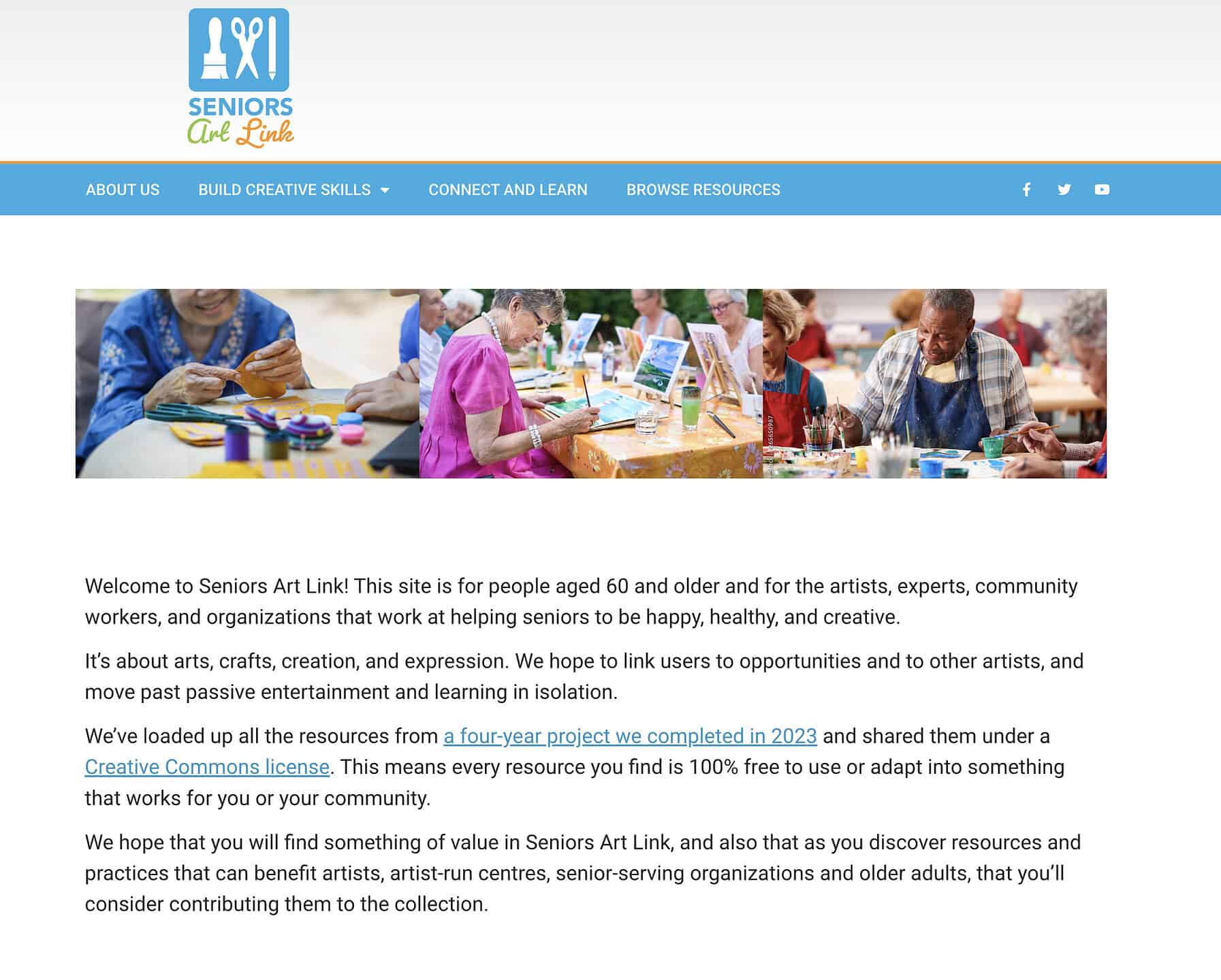 A screenshot of the Seniors Art Link website home page.