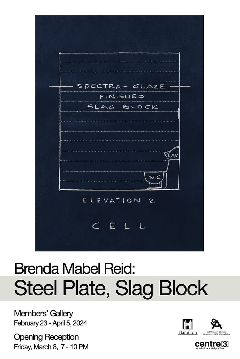 A poster for Brenda Mabel Reid’s exhibition 'Steel Plate, Slag Block' that features a hand-stitched technical drawing on a dark blue background. The exhibition details are listed below the image.