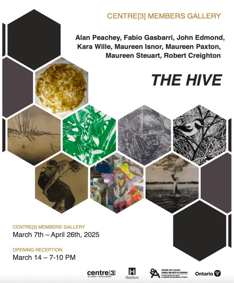 A poster featuring a honeycomb design for the group exhibition "THE HIVE" at Centre[3]'s Member's Gallery.