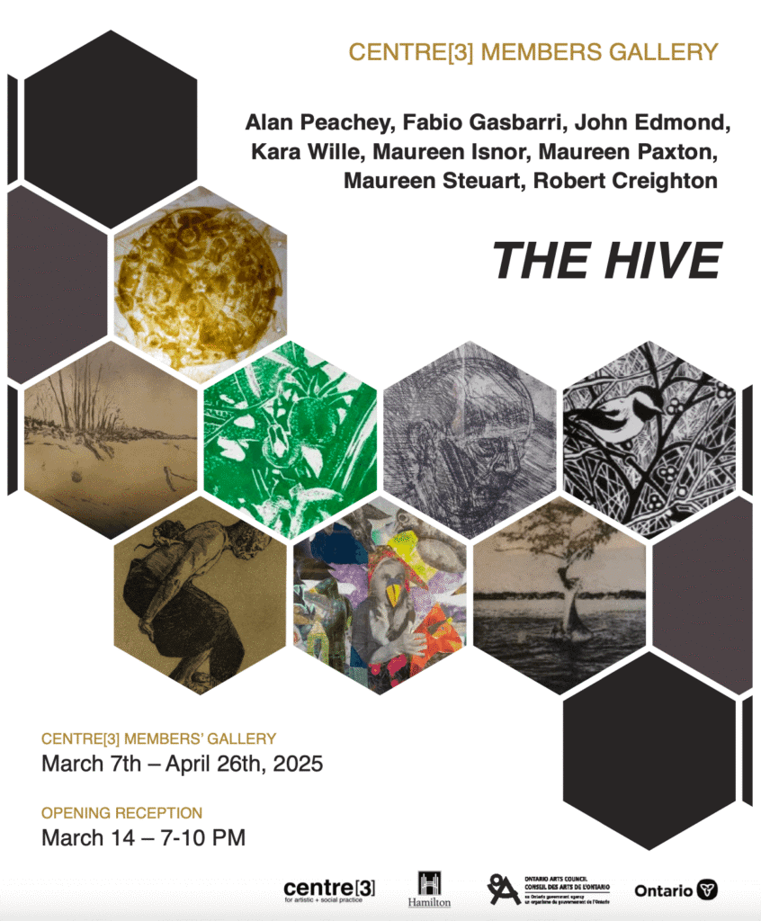 A poster featuring a honeycomb design for the group exhibition "THE HIVE" at Centre[3]'s Member's Gallery.