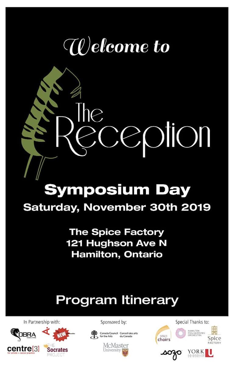 Event promotional poster featuring a large green retro leaf illustration and the words The Reception, with event details below: “Symposium Day, Saturday, November 30th 2019. The Spice Factory, Hamilton.” Program itinerary and sponsor logos are displayed at the bottom.
