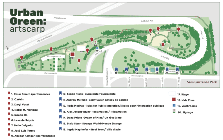 Map of Urban Green: Artscarp event at Sam Lawrence Park, highlighting locations for performances, art installations, the stage, kids zone, washrooms, and nearby roads like Concession St, Arkledun Ave, and the Jolley Cut.